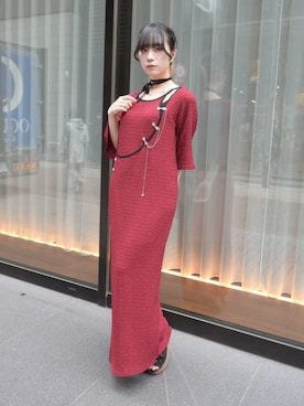 「axes femme（アクシーズファム）のチャイナ金具ロングワンピース（ワンピース、レッド系）」を使った、ありさん（レディース・155cm）の春コーディネート