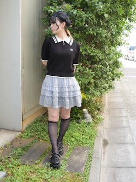 「axes femme（アクシーズファム）のダブルクロスレースシューズ（パンプス、ブラック系）」を使った、ありさん（レディース・155cm）の夏コーディネート
