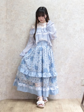 「axes femme POETIQUE（アクシーズファムポエティック）の２ＷＡＹオフショルボレロ（カーディガン/ボレロ、ブルー系）」を使った、ありさん（レディース・155cm）の夏コーディネート