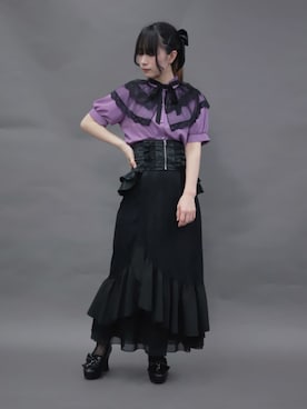 「NIBBLE POISON（ニブルポイズン）のジャカードコルセット風ベルト（ベルト、ブラック系）」を使った、ありさん（レディース・155cm）の夏コーディネート