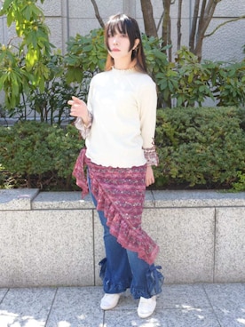 「axes femme（アクシーズファム）のギャザー総レースタンク（タンクトップ、ホワイト系）」を使った、ありさん（レディース・155cm）の春コーディネート