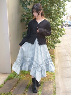 「axes femme（アクシーズファム）のチュールレースアップブーツ（ブーツ、ブラック系）」を使った、ありさん（レディース・155cm）の春コーディネート