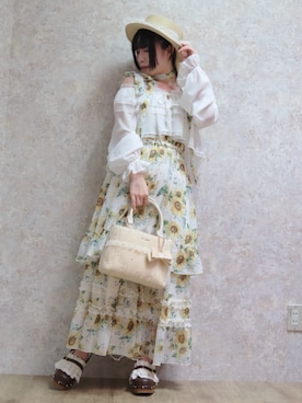 「axes femme POETIQUE（アクシーズファムポエティック）の２ＷＡＹオフショルボレロ（カーディガン/ボレロ、ホワイト系）」を使った、ありさん（レディース・155cm）の夏コーディネート