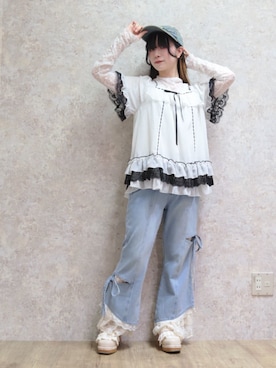 「axes femme（アクシーズファム）のプチローズレーストップス（Tシャツ/カットソー、ホワイト系）」を使った、ありさん（レディース・155cm）の夏コーディネート