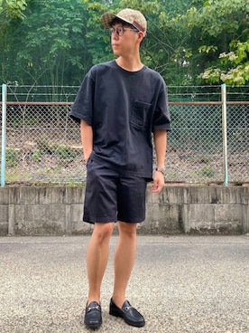 「Ray-Ban（レイバン）のRay-Ban ROUND FLECK メガネフレーム RX2447VF492000（メガネ）」を使った、けろちゃんさん（メンズ・179cm）の夏コーディネート