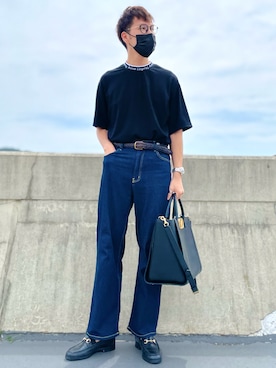 「Ray-Ban（レイバン）のRay-Ban ROUND FLECK メガネフレーム RX2447VF492000（メガネ）」を使った、けろちゃんさん（メンズ・179cm）の夏コーディネート