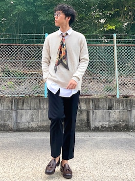 「Ray-Ban（レイバン）のRay-Ban ROUND FLECK メガネフレーム RX2447VF492000（メガネ）」を使った、けろちゃんさん（メンズ・179cm）の秋コーディネート