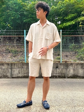 「Ray-Ban（レイバン）のRay-Ban ROUND FLECK メガネフレーム RX2447VF492000（メガネ）」を使った、けろちゃんさん（メンズ・179cm）の夏コーディネート