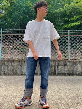 「Ray-Ban（レイバン）のRay-Ban ROUND FLECK メガネフレーム RX2447VF492000（メガネ）」を使った、けろちゃんさん（メンズ・179cm）の夏コーディネート
