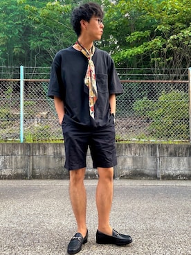 「Ray-Ban（レイバン）のRay-Ban ROUND FLECK メガネフレーム RX2447VF492000（メガネ）」を使った、けろちゃんさん（メンズ・179cm）の夏コーディネート