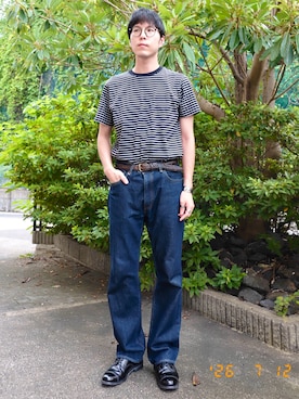 「無印良品（ムジルシリョウヒン）の紳士　天竺編みクルーネック半袖Ｔシャツ（ボーダー）（Tシャツ/カットソー、ブラック系）」を使った、けろちゃんさん（メンズ・180cm）の夏コーディネート