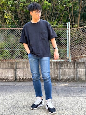 「Ray-Ban（レイバン）のRay-Ban ROUND FLECK メガネフレーム RX2447VF492000（メガネ）」を使った、けろちゃんさん（メンズ・179cm）の夏コーディネート