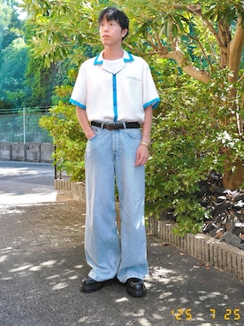 「UNIQLO（ユニクロ）のレザーメッシュベルト（ベルト）」を使った、けろちゃんさん（メンズ・180cm）の夏コーディネート
