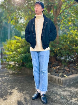 「Champion（チャンピオン）のアイテム（ニットキャップ/ビーニー）」を使った、けろちゃんさん（メンズ・179cm）の冬コーディネート