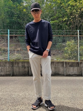 「Ray-Ban（レイバン）のRay-Ban ROUND FLECK メガネフレーム RX2447VF492000（メガネ）」を使った、けろちゃんさん（メンズ・179cm）の夏コーディネート