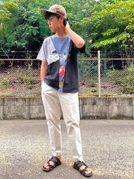 「Ray-Ban（レイバン）のRay-Ban ROUND FLECK メガネフレーム RX2447VF492000（メガネ）」を使った、けろちゃんさん（メンズ・179cm）の夏コーディネート