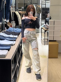 GYDA ハイウエストGG Stitch Barrel Leg ダメージデニム ハイウエストGG Stitch Barrel Leg ダメージデニムパンツ[品番