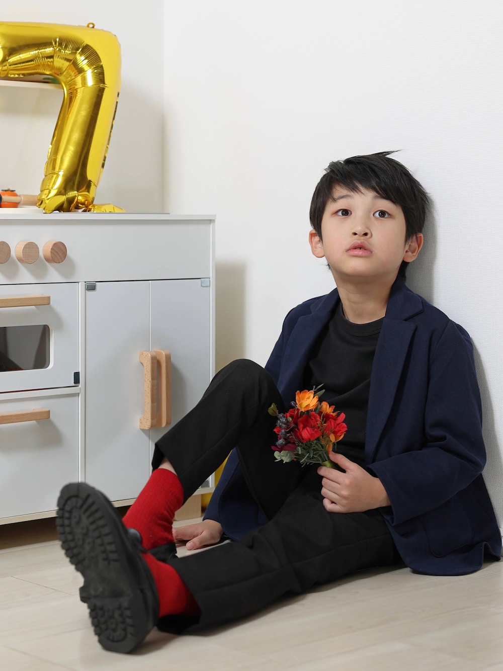 「ファッションを楽しもう、キッズコーデ、フォーマル、フォーマル/セレモニー、男の子、男の子コーデ、ジャケット、ジャケットスタイル、七五三、キレイめ、おとこのこ」｜「H&Mのアイテム（ジャケット/アウター、ブルー系）」を使った、MIKAさん（骨格ナチュラル・キッズ・120cm）の秋コーディネートの1枚目の写真