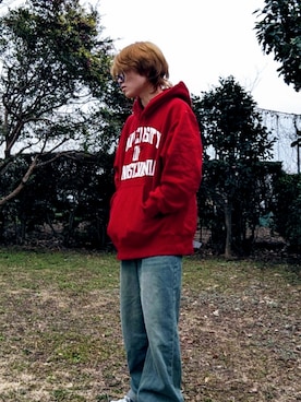 「Usedのアイテム（パーカー、レッド系）」を使った、shira_ko10さん（メンズ・167cm）の春コーディネート