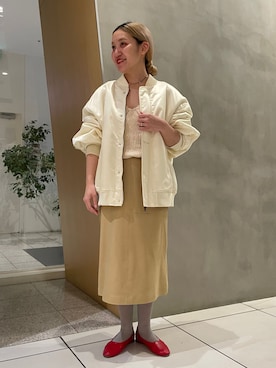 「IENA LA BOUCLE（イエナラブークル）のIENA LA BOUCLE LIMONTAナイロンワイドフォルムMA-1（MA-1、ホワイト系）」を使った、harmyさん（レディース・155cm）の冬コーディネート