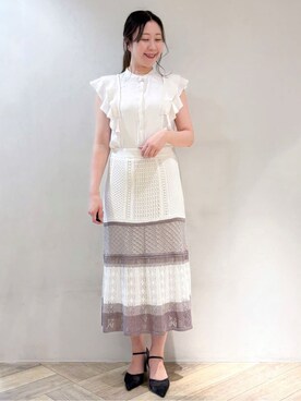 「index（インデックス）のプリーツフリルバンドカラーブラウス【洗濯機洗い可/イージーアイロン】（Shirts、ホワイト系）」を使った、sayaさん（レディース・163cm）の夏コーディネート