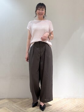 「OPAQUE.CLIP（オペークドットクリップ）のラメメッシュ フレンチスリーブニット【洗濯機OK】（Knitwear、ピンク系）」を使った、sayaさん（レディース・163cm）の夏コーディネート