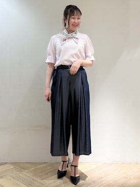 「index（インデックス）の【接触冷感】タックパフスリーブブラウス《吸水速乾／防シワ／洗濯機OK／XS～3L／6col》（Shirts、ピンク系）」を使った、sayaさん（レディース・163cm）の夏コーディネート