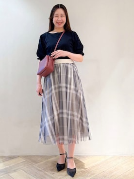 「index（インデックス）のレースドッキングスリーブトップス【洗濯機洗い可/UVケア】（T Shirts、ブルー系）」を使った、sayaさん（レディース・163cm）の夏コーディネート