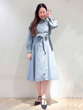「index（インデックス）のラメストライプシャツワンピース【洗濯機OK/イージーアイロン】（One piece dress、ブルー系）」を使った、sayaさん（レディース・163cm）の秋コーディネート