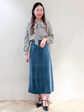 「index（インデックス）のアシンメトリーレイヤードボウタイブラウス【洗濯機OK/イージーアイロン/防シワ】《XS～3L》（Shirts、ブラック系）」を使った、sayaさん（レディース・163cm）の秋コーディネート