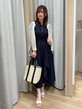「grove（グローブ）の【貴島明日香さん着用】ラメメッシュキーネックカーディガン（カーディガン/ボレロ、ホワイト系）」を使った、Fumikaさん（レディース・158cm）の春コーディネート