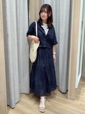 「grove（グローブ）のレースドッキング ロールアップシャツ（シャツ/ブラウス、ブルー系）」を使った、Fumikaさん（レディース・158cm）の春コーディネート