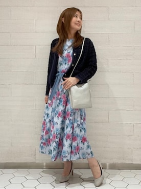 「LAURA ASHLEY（ローラアシュレイ）の【洗える／同柄アイテムあり】フリーサム ヘイズ柄ワンピース（ワンピース、ブルー系）」を使った、miさん（レディース・154cm）の冬コーディネート