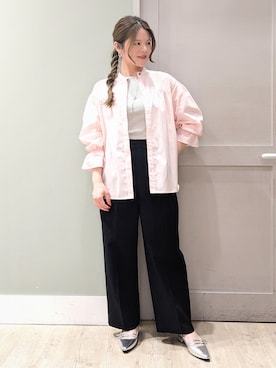 「grove（グローブ）の【貴島明日香さん着用／イージーケア／接触冷感】麻ブレンドスタンドギャザーシャツ（シャツ/ブラウス、ピンク系）」を使った、kuwawaさん（レディース・159cm）の春コーディネート