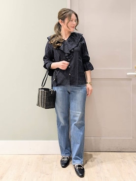 「grove（グローブ）の大人の華やぎチェックフリルブラウス（シャツ/ブラウス、ブラック系）」を使った、kuwawaさん（レディース・159cm）の春コーディネート