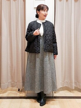 「couture brooch（クチュールブローチ）の【撥水・大人可愛い】リボンキルティングジャケット（ブルゾン、ブラック系）」を使った、Ellyさん（レディース・156cm）の秋コーディネート