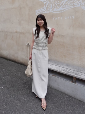 「CAPRICIEUX LE'MAGE（カプリシューレマージュ）のボーダー裾ギャザーT（Tシャツ/カットソー、ホワイト系）」を使った、RENAさん（レディース・158cm）の春コーディネート