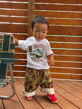「VINTAGE（ヴィンテージ）のアイテム（Tシャツ/カットソー、ホワイト系）」を使った、komakidsさん（キッズ・80cm）の夏コーディネート