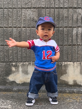 「VINTAGE（ヴィンテージ）のアイテム（その他トップス、ブルー系）」を使った、komakidsさん（キッズ・80cm）の春コーディネート