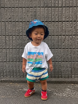 「VINTAGE（ヴィンテージ）のアイテム（Tシャツ/カットソー、ホワイト系）」を使った、komakidsさん（キッズ・80cm）の夏コーディネート