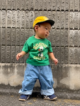 「VINTAGE（ヴィンテージ）のアイテム（Tシャツ/カットソー、グリーン系）」を使った、komakidsさん（キッズ・80cm）の夏コーディネート