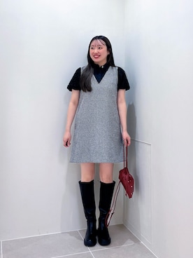 「NATURAL BEAUTY BASIC（ナチュラルビューティーベーシック）のツイード SETUP ジャンスカ（ワンピース、ブラック系）」を使った、tamamiさん（レディース・158cm）の秋コーディネート