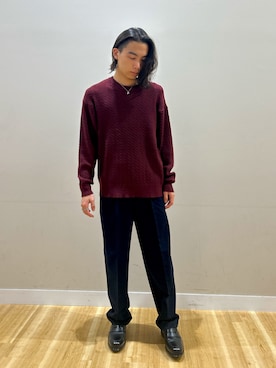 「ITEMS URBANRESEARCH(アイテムズ アーバンリサーチ)のミニケーブルクルーネックニットプルオーバー(ニット/セーター、レッド系)」を使った、ituさん(メンズ・166cm)の秋コーディネート