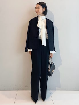 「UNTITLED（アンタイトル）の【仕事着/スーツ】ファンシーツイード ジャケット（ノーカラージャケット、ブルー系）」を使った、wos59206さん（レディース）の冬コーディネート