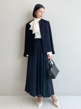 「UNTITLED（アンタイトル）の【仕事着/スーツ】ファンシーツイード ジャケット（ノーカラージャケット、ブルー系）」を使った、wos59206さん（レディース）の冬コーディネート