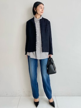 「UNTITLED（アンタイトル）の【仕事着/スーツ】ファンシーツイード ジャケット（ノーカラージャケット、ブルー系）」を使った、wos59206さん（レディース）の冬コーディネート