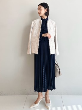 「UNTITLED（アンタイトル）の【仕事着/スーツ】ファンシーツイード ジャケット（ノーカラージャケット、ベージュ系）」を使った、wos59206さん（レディース）の冬コーディネート