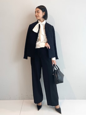 「UNTITLED（アンタイトル）の【仕事着/スーツ】ファンシーツイード ジャケット（ノーカラージャケット、ブルー系）」を使った、wos59206さん（レディース）の冬コーディネート