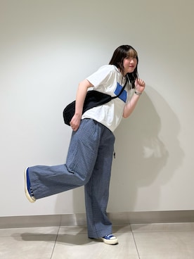 「FORK&SPOON（フォークアンドスプーン）のFORK&SPOON　サッカーチェックパンツ（その他パンツ、ブルー系）」を使った、NAKANOさん（レディース・158cm）の夏コーディネート