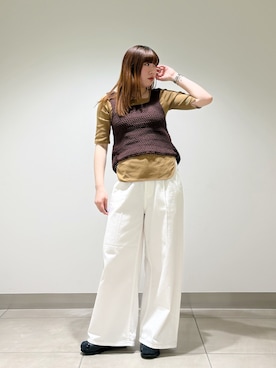 「URBAN RESEARCH（アーバンリサーチ）の『3サイズ展開』綿麻デニムイージーパンツ（デニムパンツ、ホワイト系）」を使った、NAKANOさん（レディース・158cm）の春コーディネート
